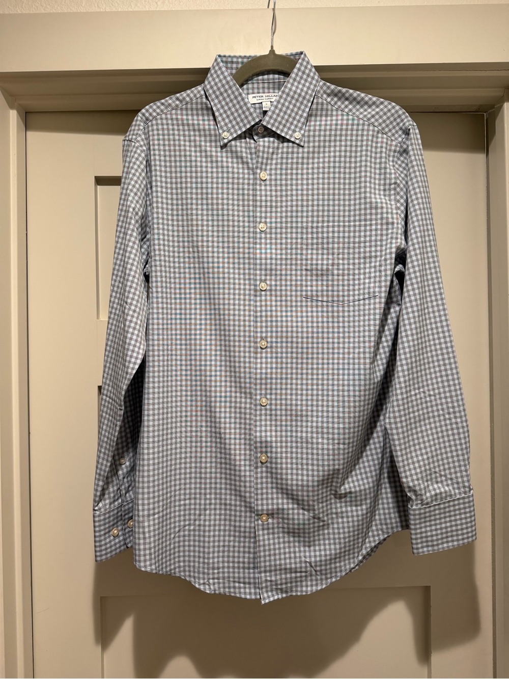 Peter Millar Summer Comfort Men’s Small Light Blue Gray Check Button Down